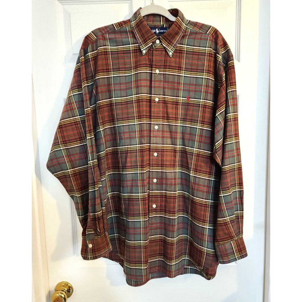 Ralph Lauren Men's Sz Large Button Down Shirt Earth Tones Plaid Logo Preppy
